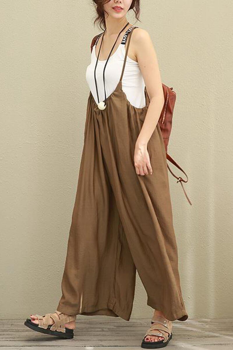 Brown Wide Leg Loose Cotton Overalls Women Clothes