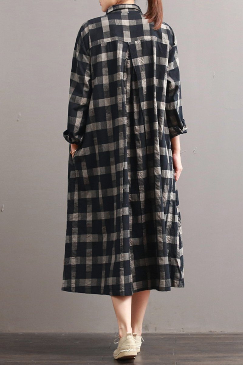 Linen Plaid Casual Loose Shirt Dress Casual Women Dress