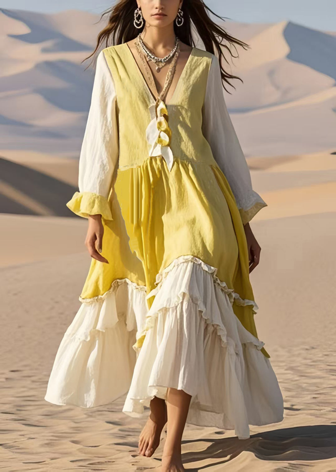 Handmade Yellow Ruffled Patchwork Cotton Long Dress Fall