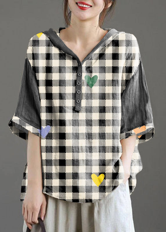 Black Plaid Hooded Patchwork Summer Linen Blouses