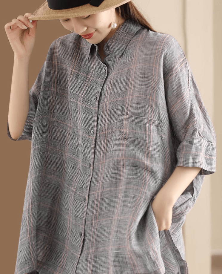 Pink Gray Plaid Heritage Linen Premium Blouse