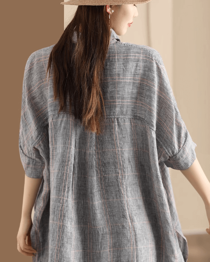 Pink Gray Plaid Heritage Linen Premium Blouse