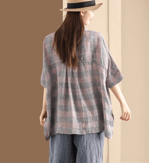 Pink Gray Plaid Heritage Linen Premium Blouse