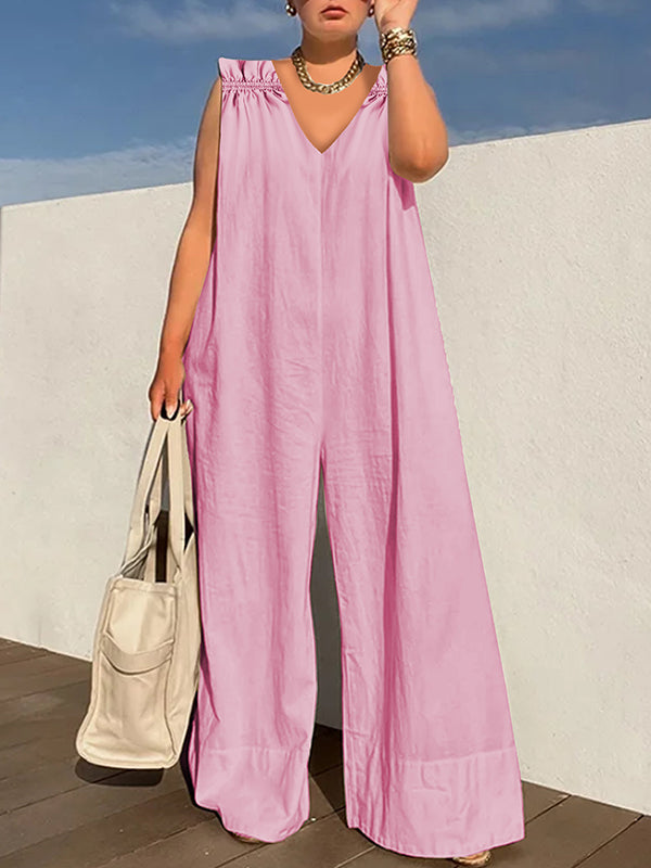 Summer Pleated Solid Color Zipper V-Neck Jumpsuits Sleeveless