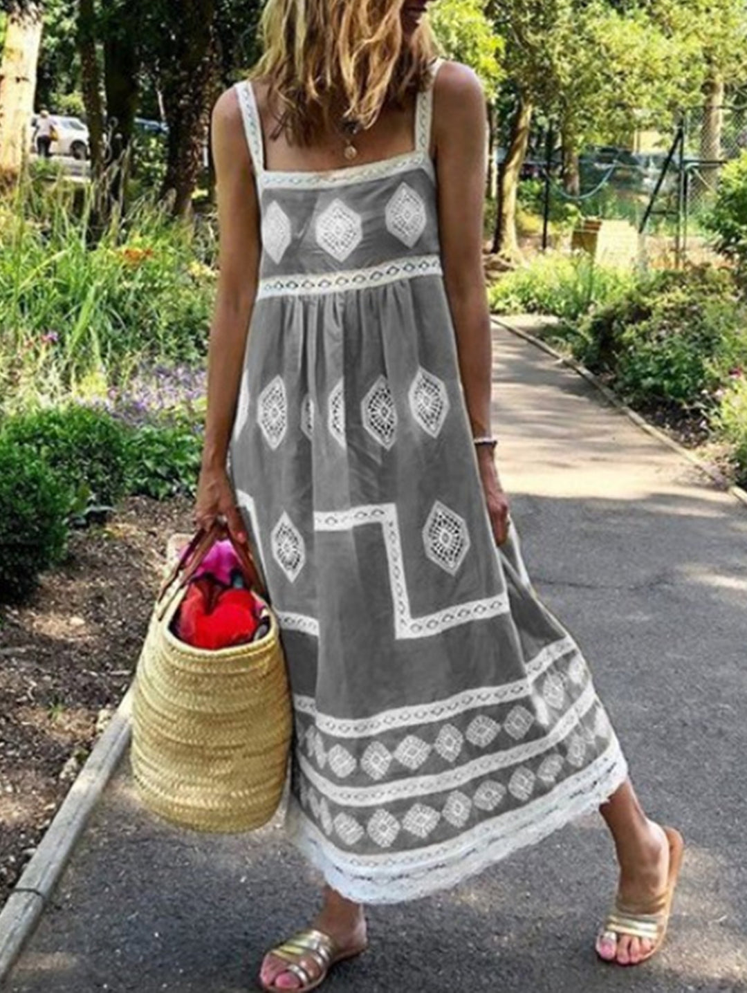 Yellow Square Neck Boho Print Tank Maxi Dress