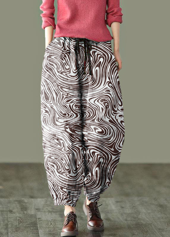 Beautiful Brown Geometry Print Fall Linen Harem Pants