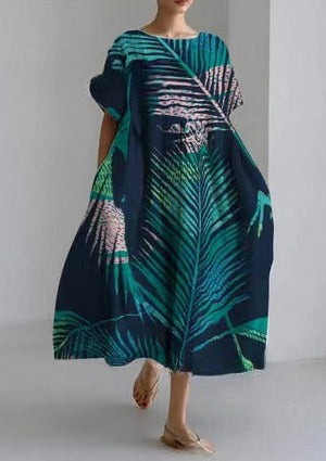 Navy Blue Leaves Cotton Dresses Pockets Patchwork Summer