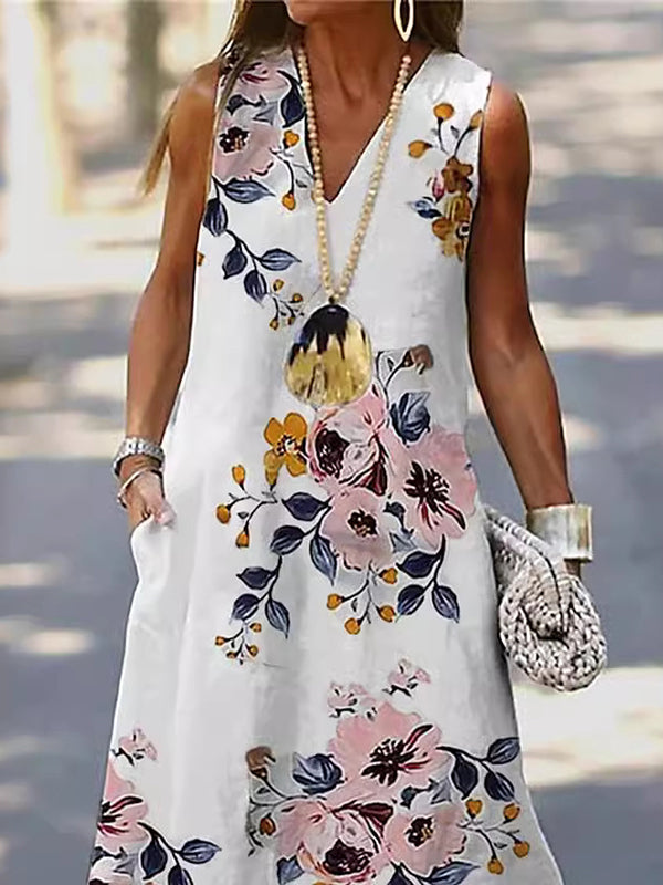 A-Line Loose Flower Print Pockets V-Neck Maxi Dresses