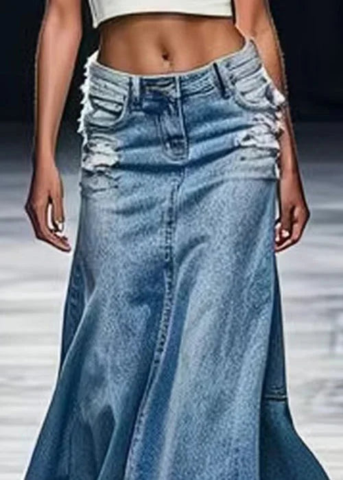 New Blue Hole Pockets High Waist Denim Maxi Skirts