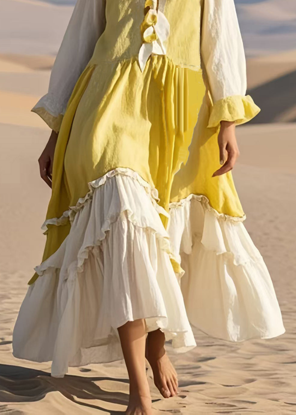 Handmade Yellow Ruffled Patchwork Cotton Long Dress Fall