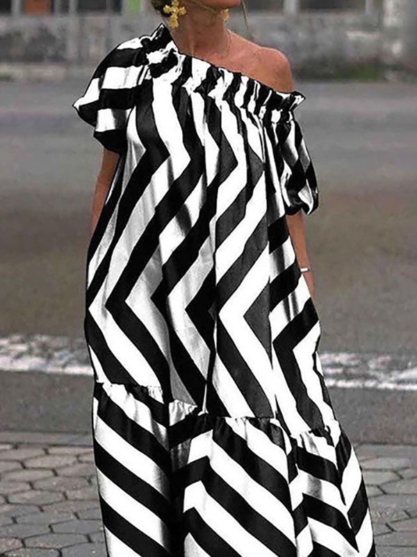 Asymmetric Contrast Color Pleated Pockets Striped One-Shoulder Maxi Dresses