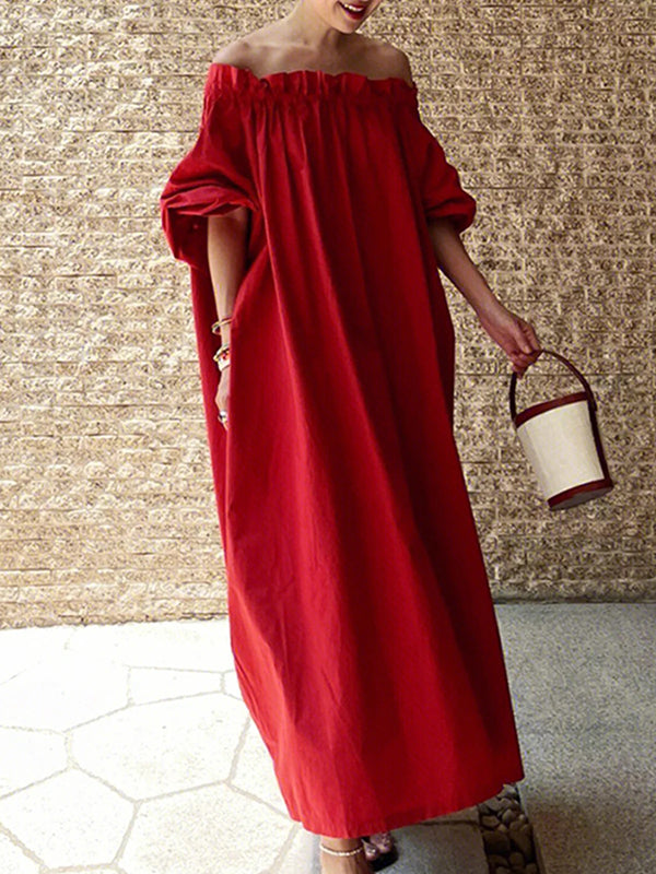 Red Half Sleeves Elasticity Pleated Off-The-Shoulder Maxi Dresses