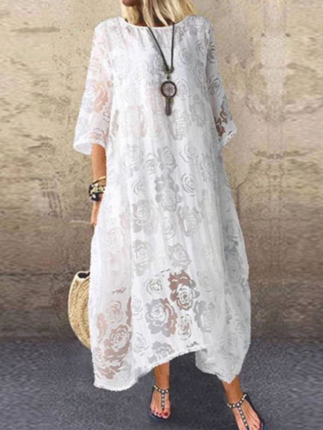 White Crew Neck Lace Splicing Maxi Dress Half Sleeve