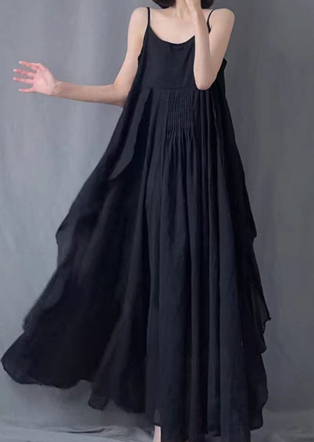 Black Pleated Irregular Suspender Maxi Dress Sleeveless