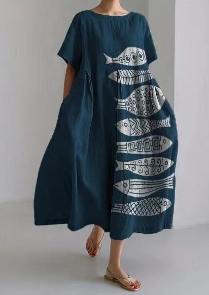 Blue Fish Dresses Pockets Patchwork Summer