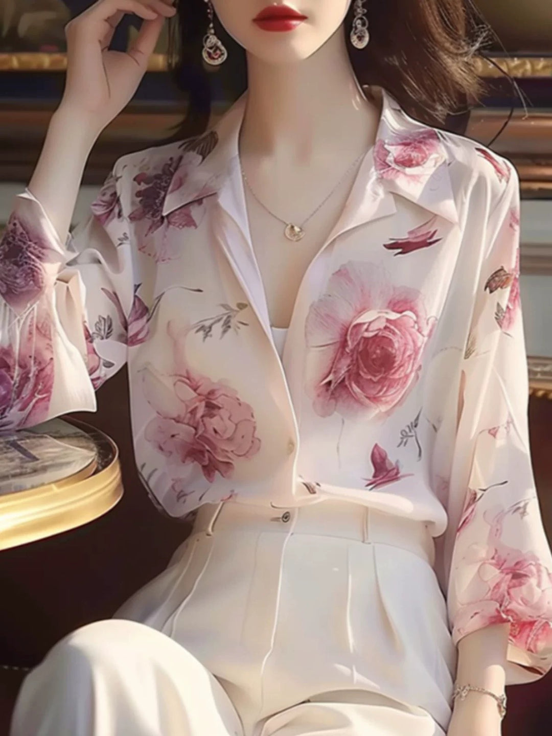 Chic French Elegant Rose Print Puff Sleeve Chiffon Shirt