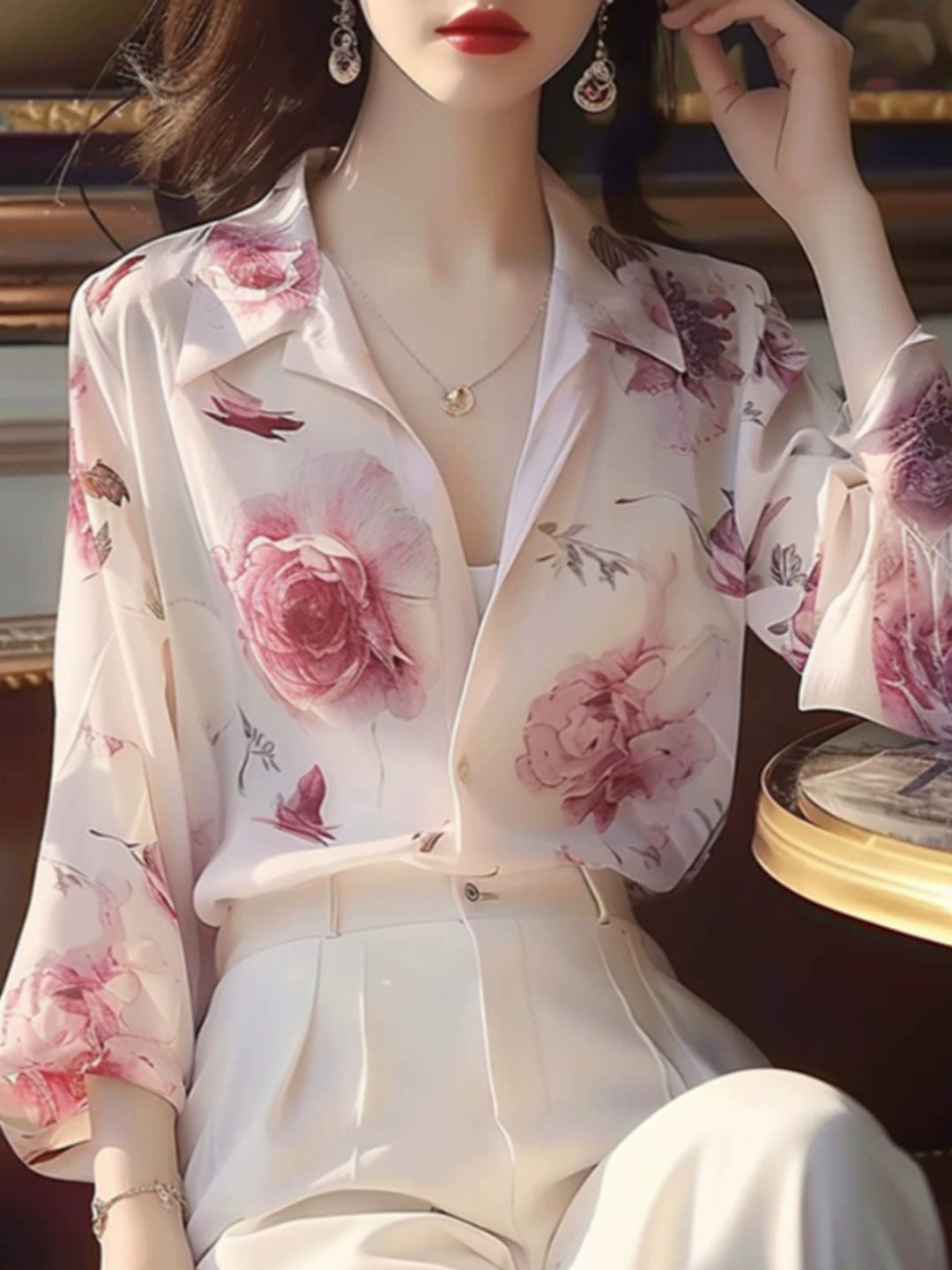 Chic French Elegant Rose Print Puff Sleeve Chiffon Shirt