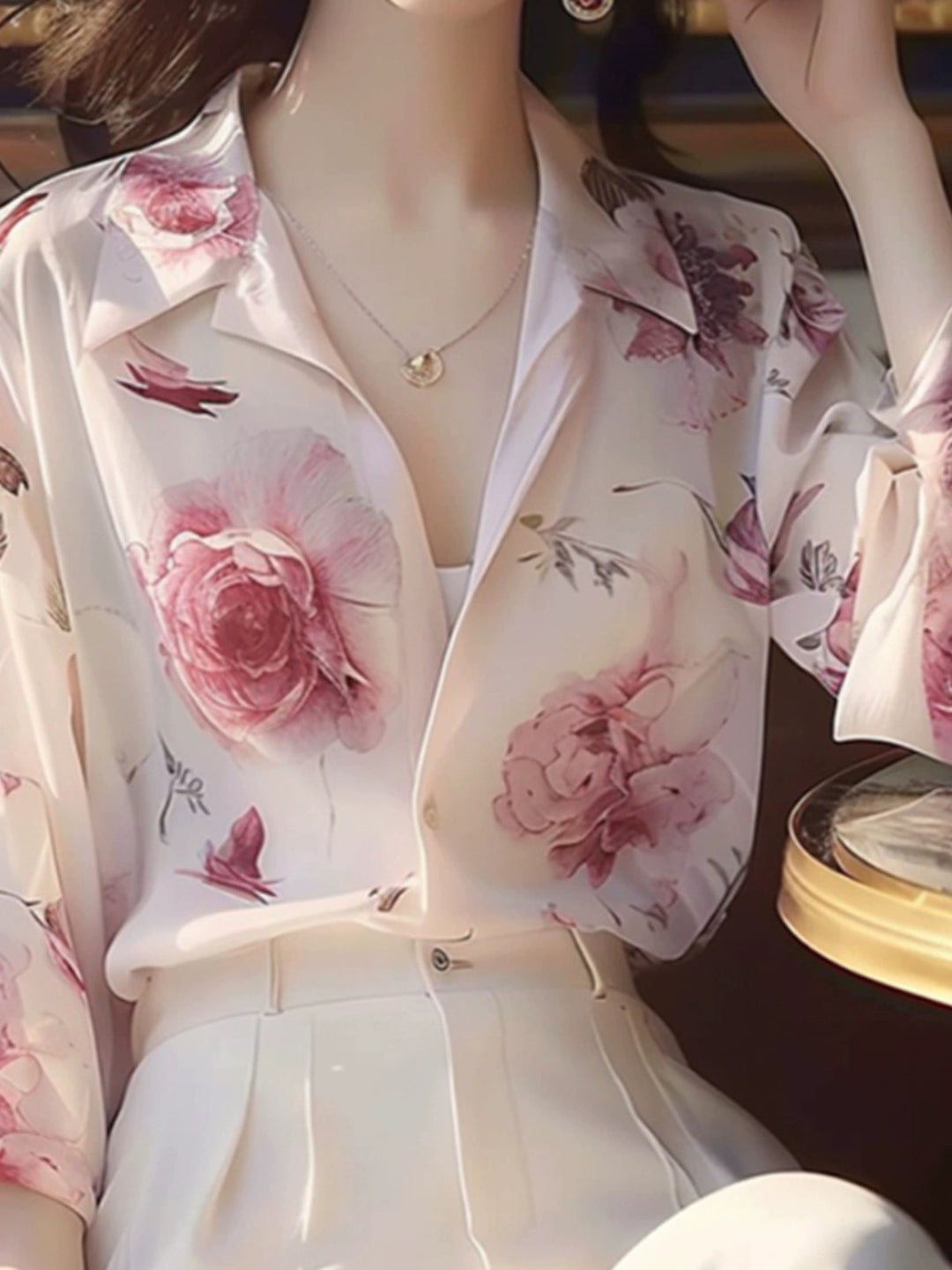 Chic French Elegant Rose Print Puff Sleeve Chiffon Shirt