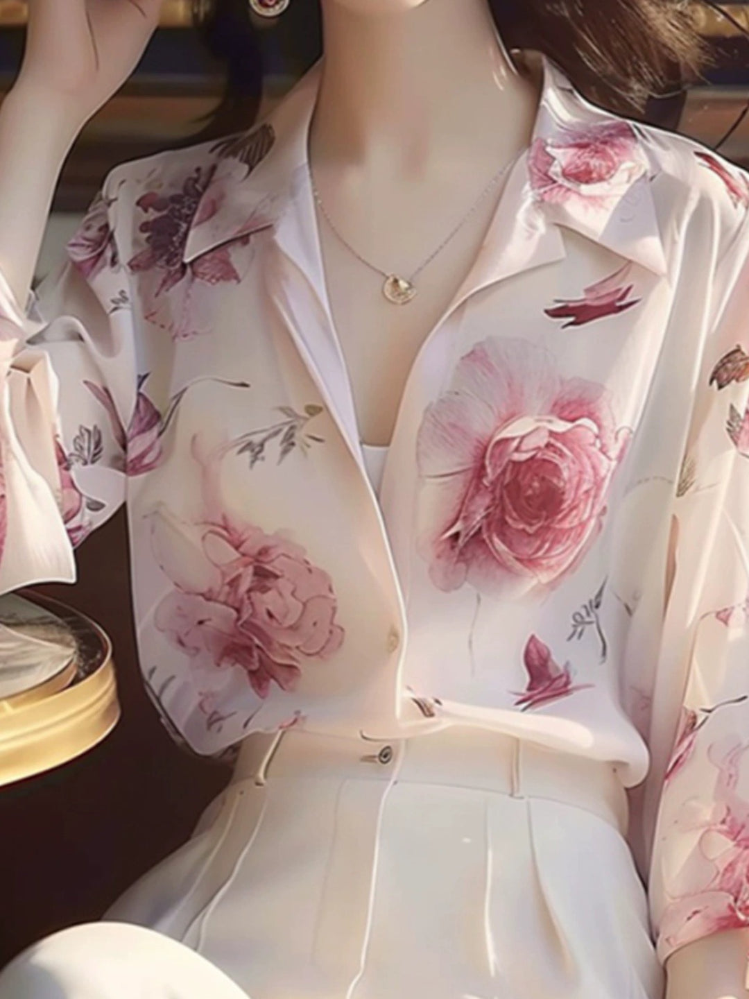 Chic French Elegant Rose Print Puff Sleeve Chiffon Shirt