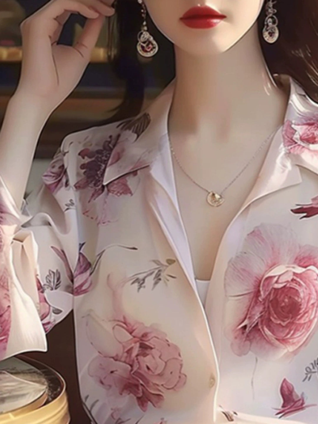 Chic French Elegant Rose Print Puff Sleeve Chiffon Shirt