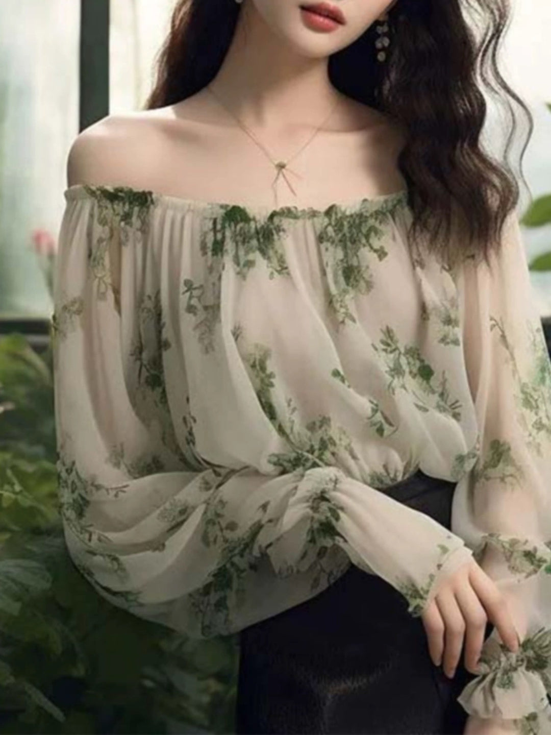 Versatile Luxurious Green One-shoulder Floral Shirt Long Sleeve