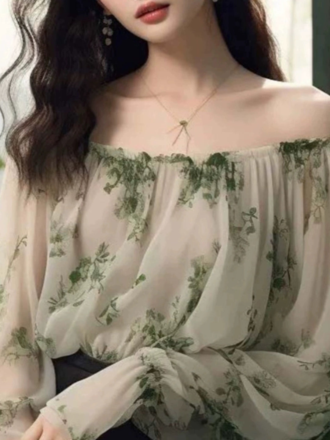 Versatile Luxurious Green One-shoulder Floral Shirt Long Sleeve