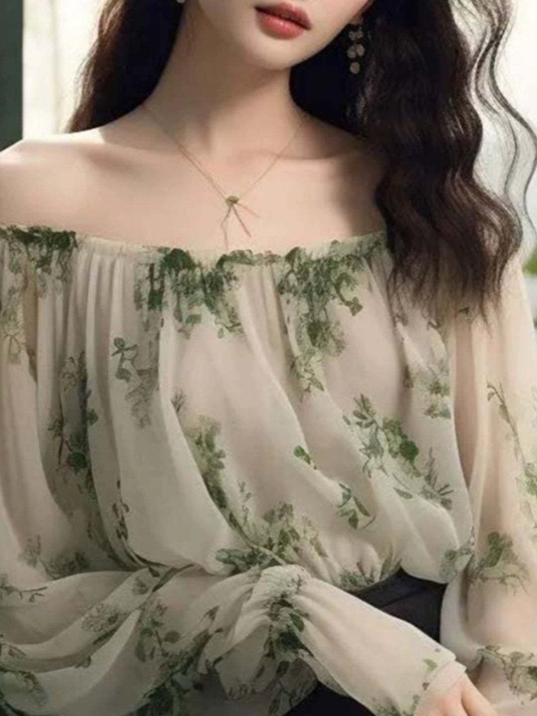 Versatile Luxurious Green One-shoulder Floral Shirt Long Sleeve