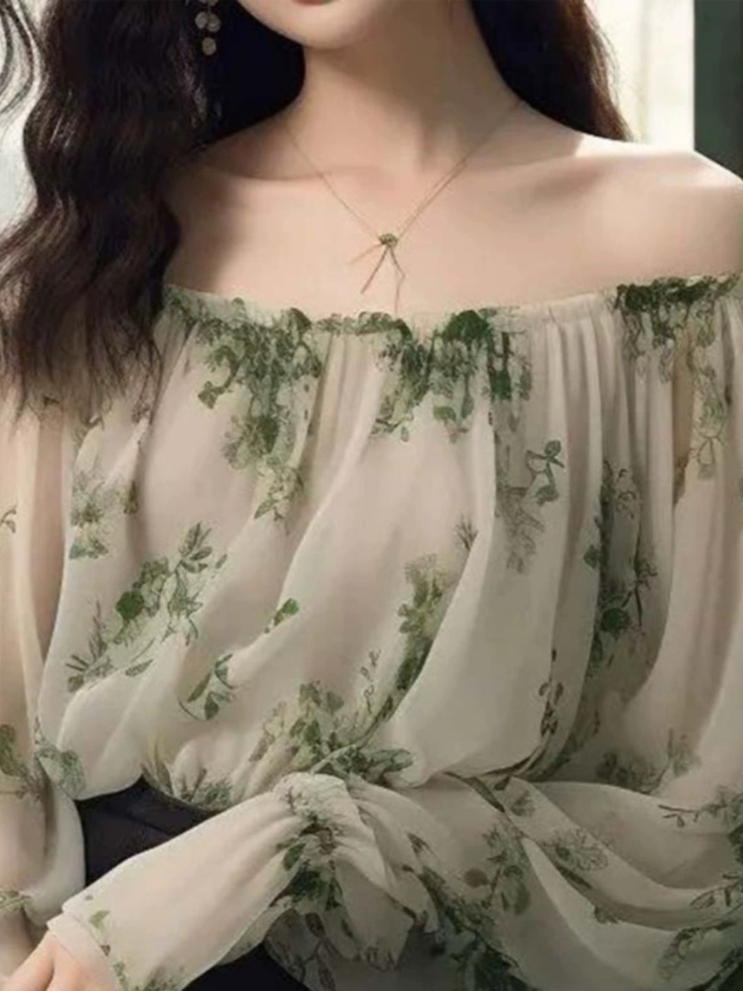 Versatile Luxurious Green One-shoulder Floral Shirt Long Sleeve