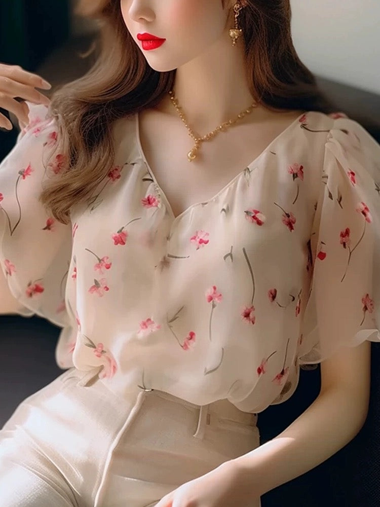 Summer Chic Temperament V-neck Floral Shirt Puff Sleeve