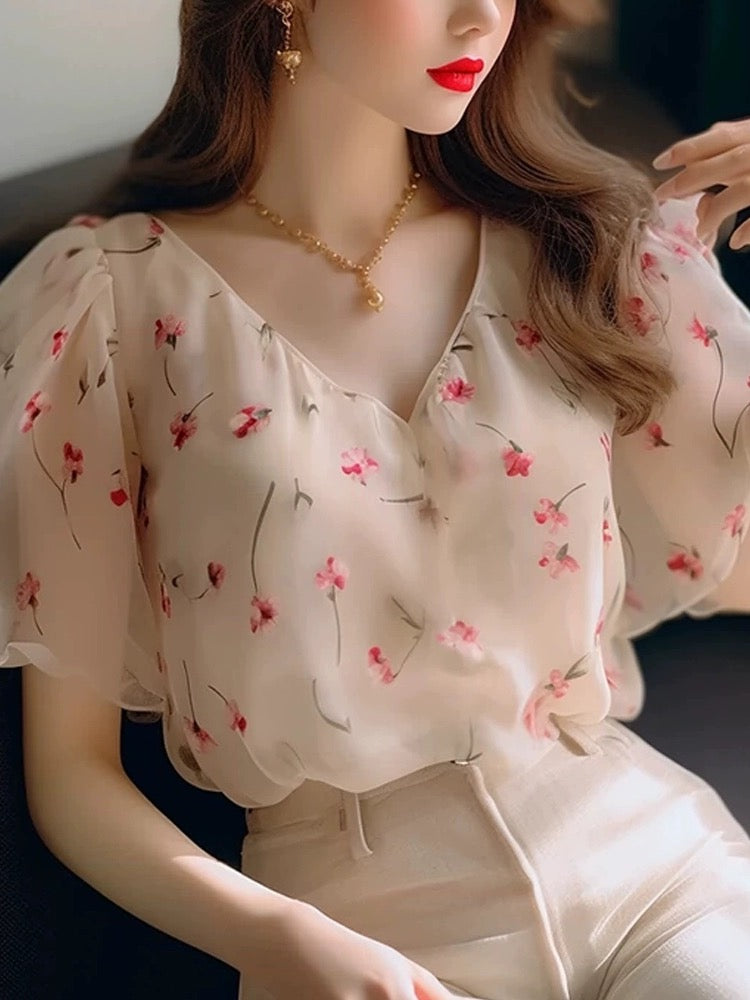 Summer Chic Temperament V-neck Floral Shirt Puff Sleeve