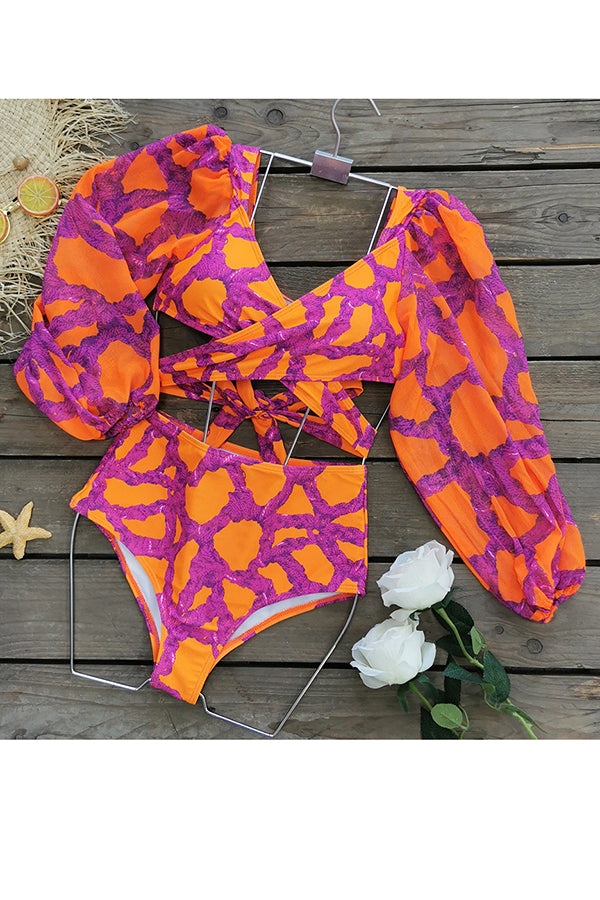 New Beginnings Printed Puffy Sleeve Cross Tie Bikini Set