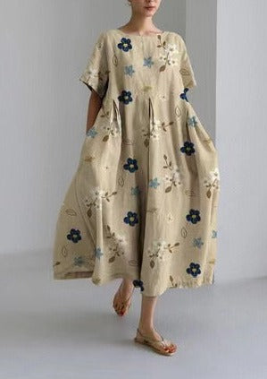 Apricot Blue Flower Cotton Dresses Pockets Patchwork Summer