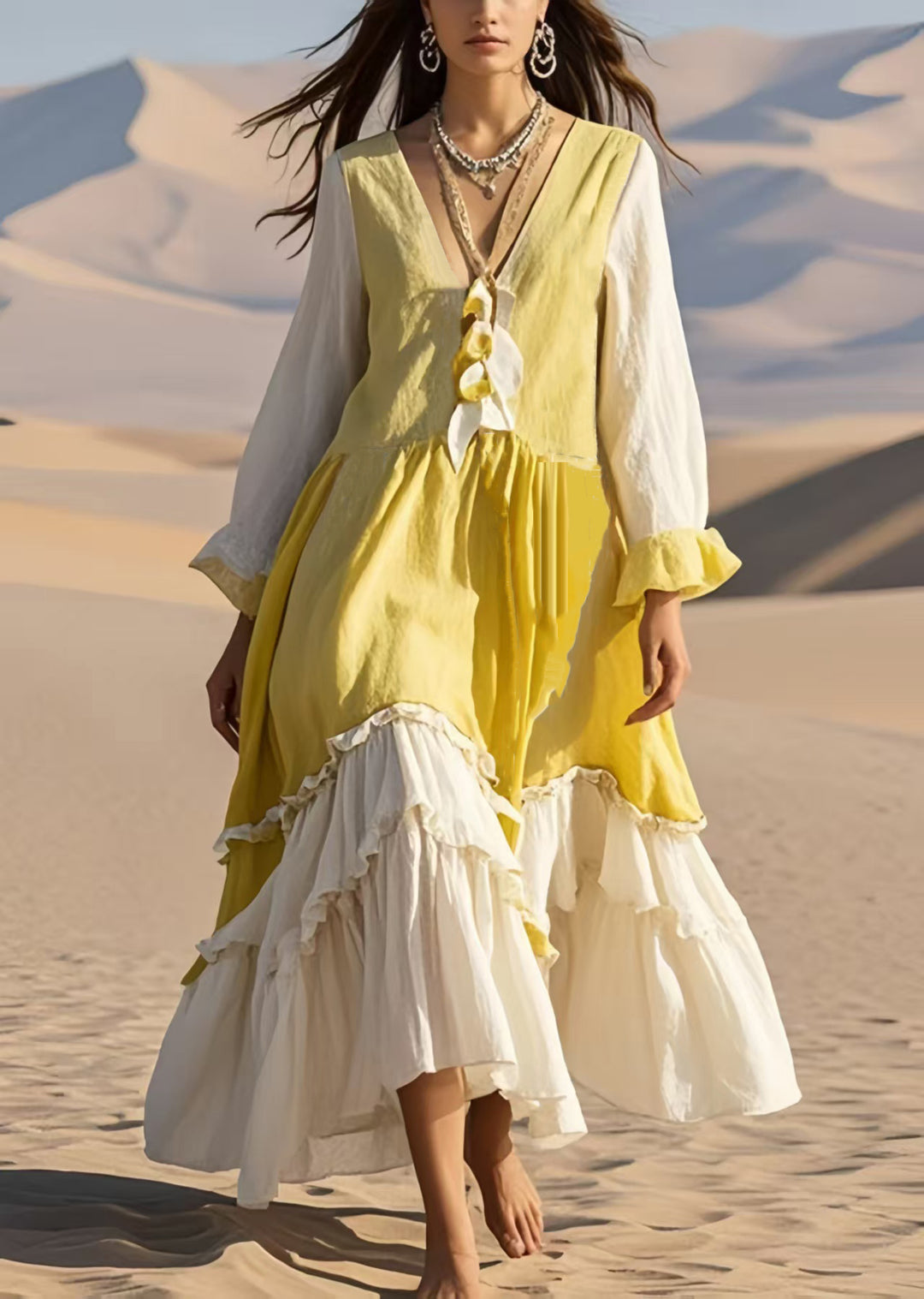 Handmade Yellow Ruffled Patchwork Cotton Long Dress Fall