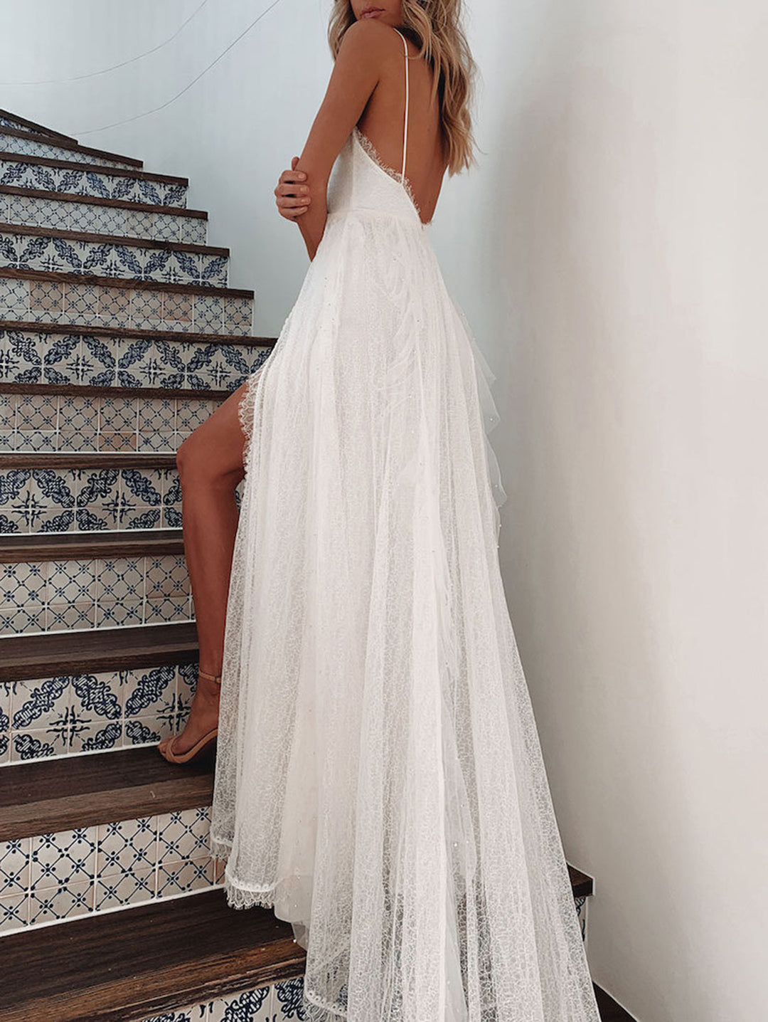 White Wedding Deep V Neck Backless Lace Split Maxi Dress