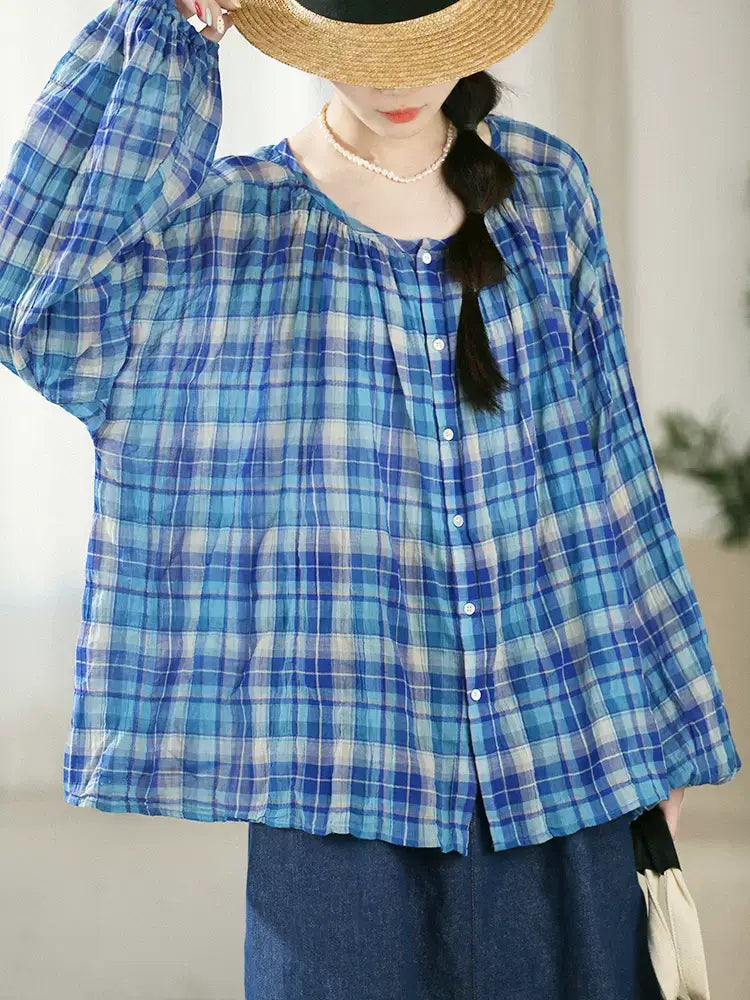 Summer Blue Plaid Women Comfort Shirt Tops