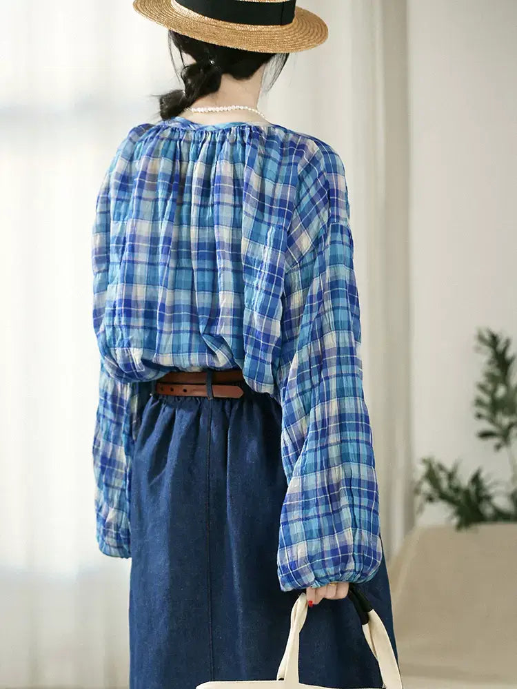 Summer Blue Plaid Women Comfort Shirt Tops