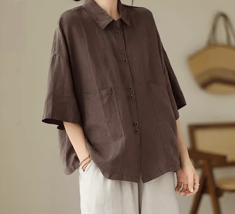 Plus Size Retro Cotton Casual Shirts Short Sleeve