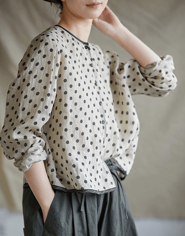 Casual Trendy Linen Polka Dot Blouse Long Sleeve