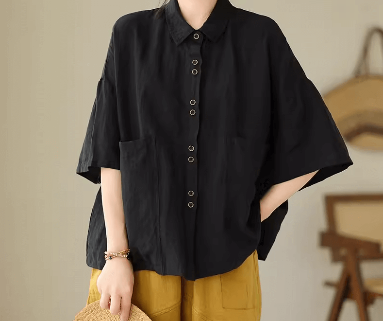 Plus Size Retro Cotton Casual Shirts Short Sleeve