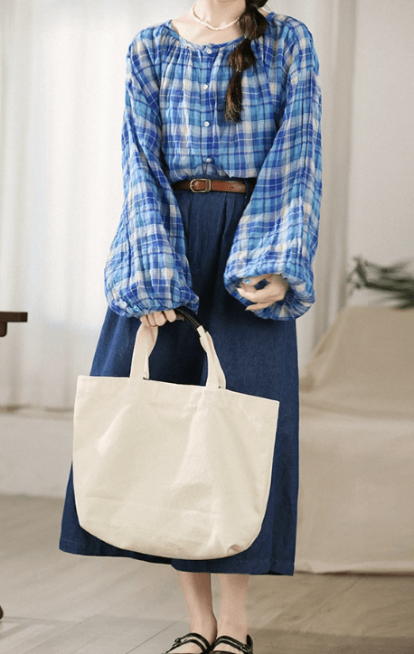 Summer Blue Plaid Women Comfort Shirt Tops