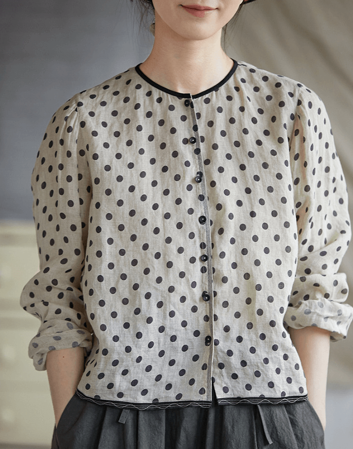 Casual Trendy Linen Polka Dot Blouse Long Sleeve