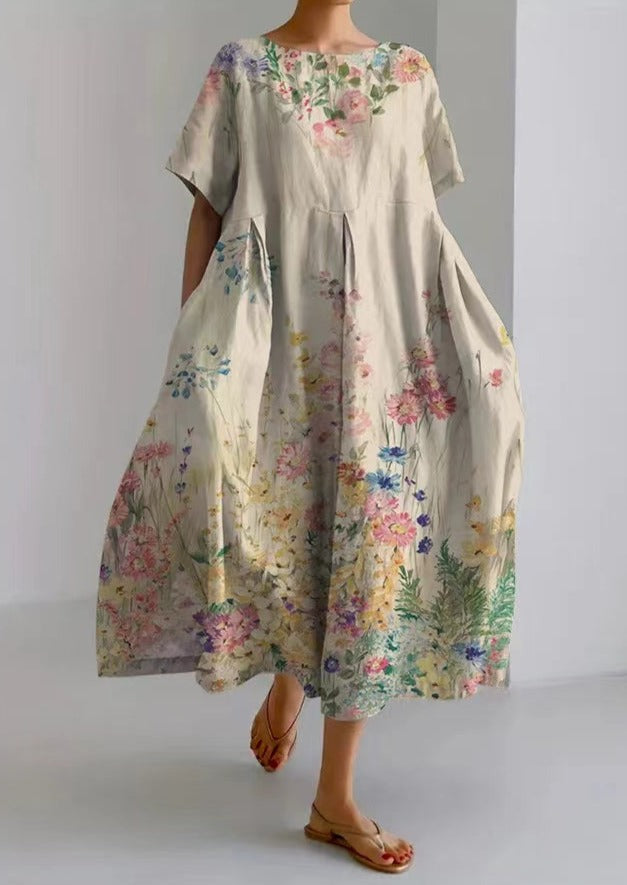 Apricot Floral Dresses Pockets Patchwork Summer