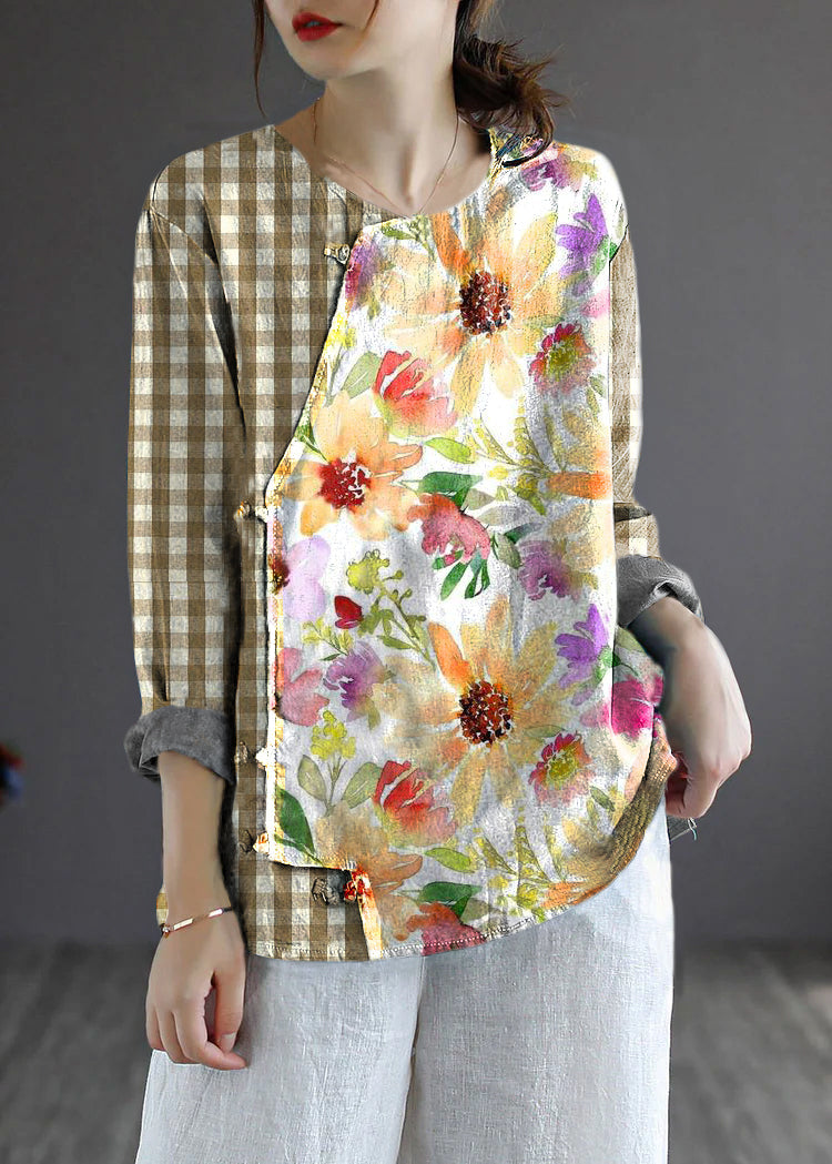 White Bamboo Loose Linen Shirt Tops Embroidered Long Sleeve