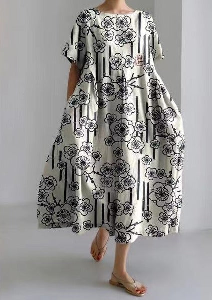 Plum Flower Print Cotton Dresses Pockets Patchwork Summer