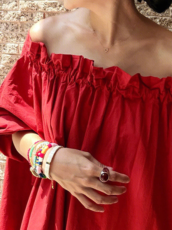 Red Half Sleeves Elasticity Pleated Off-The-Shoulder Maxi Dresses