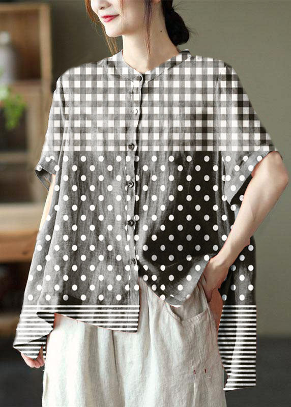 Boho Black Polka Dots Summer Side Open Stand Collar Ramie Loose Short Sleeve