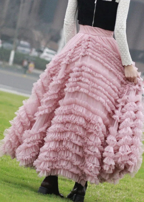 Italian Pink Ruffled High Waist Tulle Skirts Fall