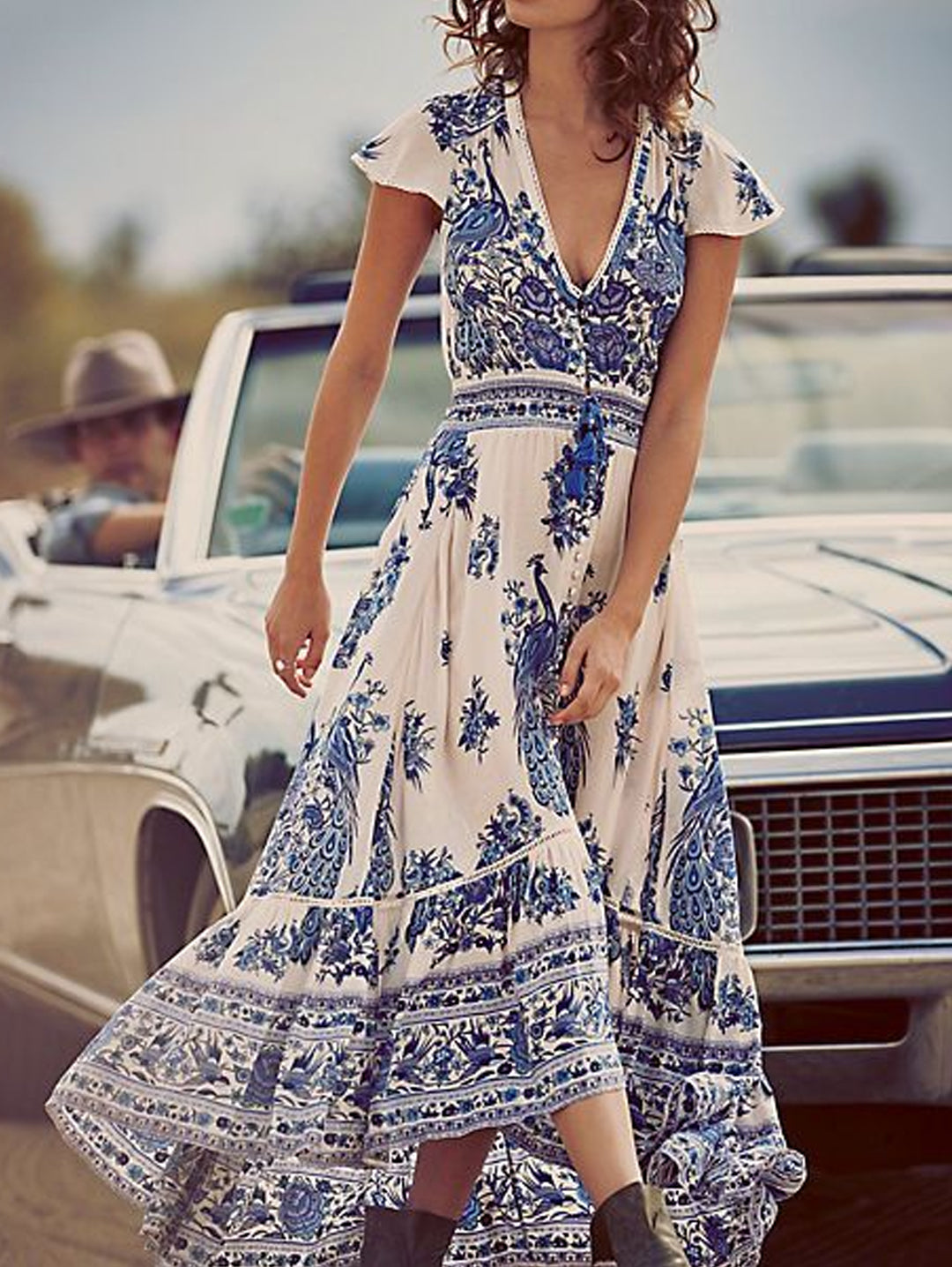 White Peacock Floral Print Maxi Dress Cap Sleeve