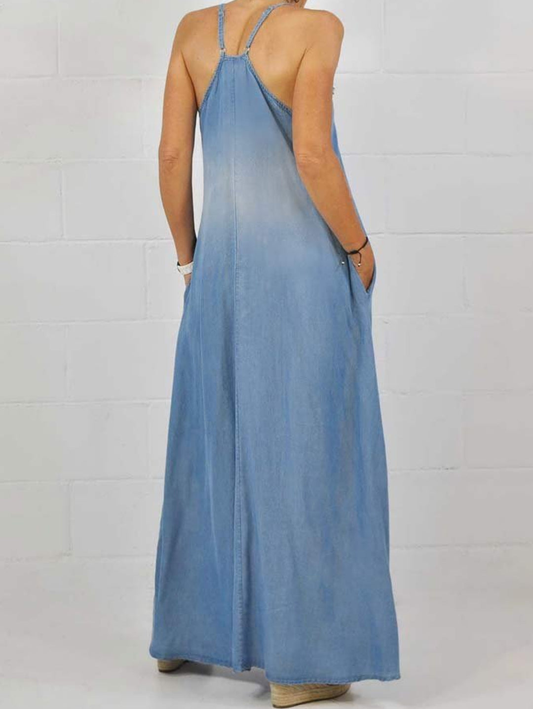 Raw Edge V Neck Pocket Maxi Dress Sleeveless