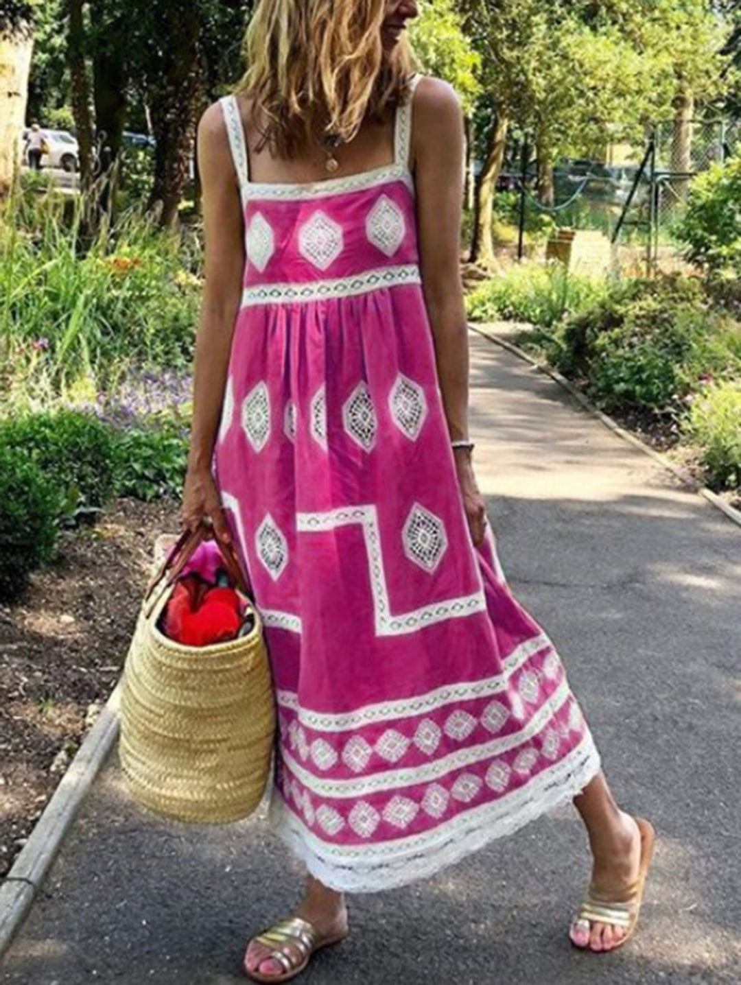 Yellow Square Neck Boho Print Tank Maxi Dress